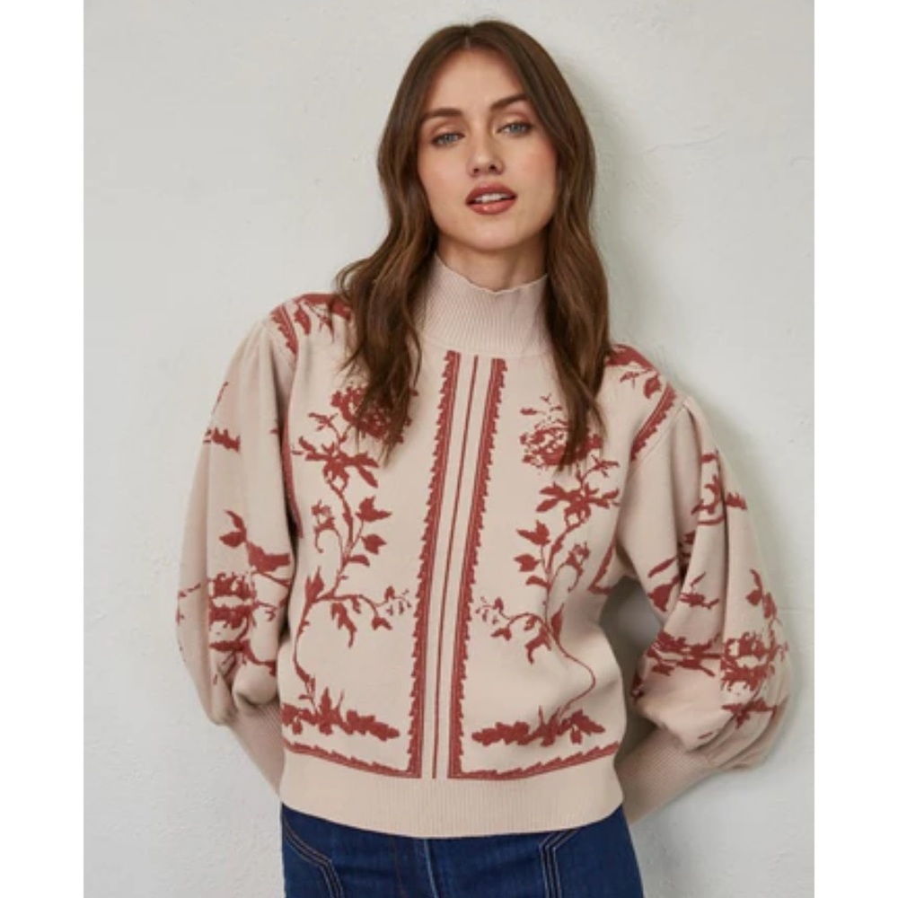 Fate Foral Patterned Sweater - Cream and  Brown - Small